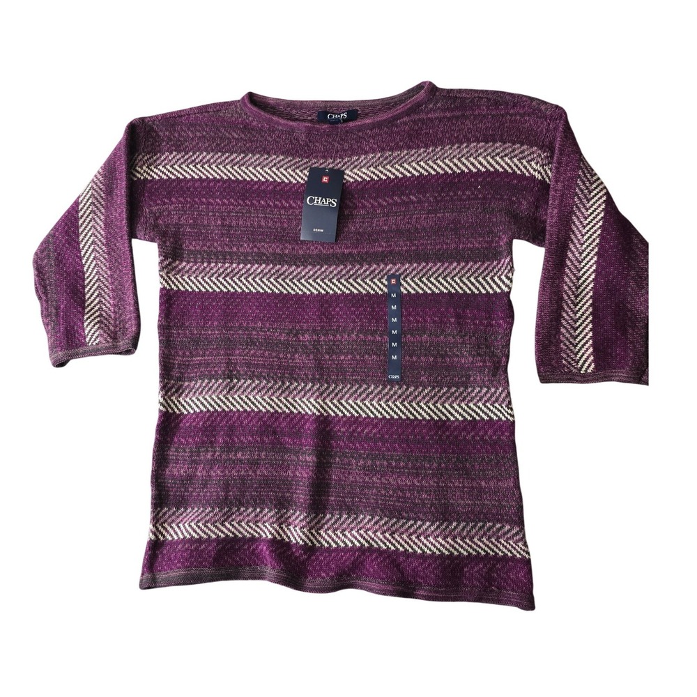 Chaps Denim‎ Womens Berry Purple Striped Boat Neck 3/4 Sleeve Knit Sweater M NEW
